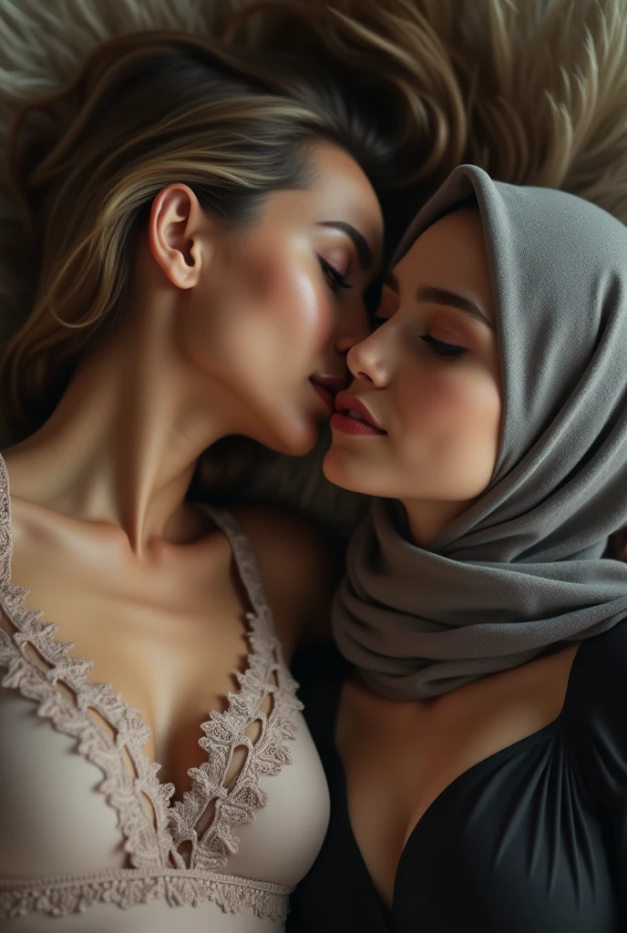 two hijab lesbian girl,lace bra,hugging from behind,kissing,realistic,hd details,camera view
