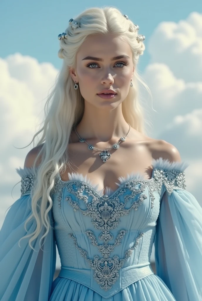 Lizzie Saltzman as targaryen , bust shot, sky blue dress, movie accurate