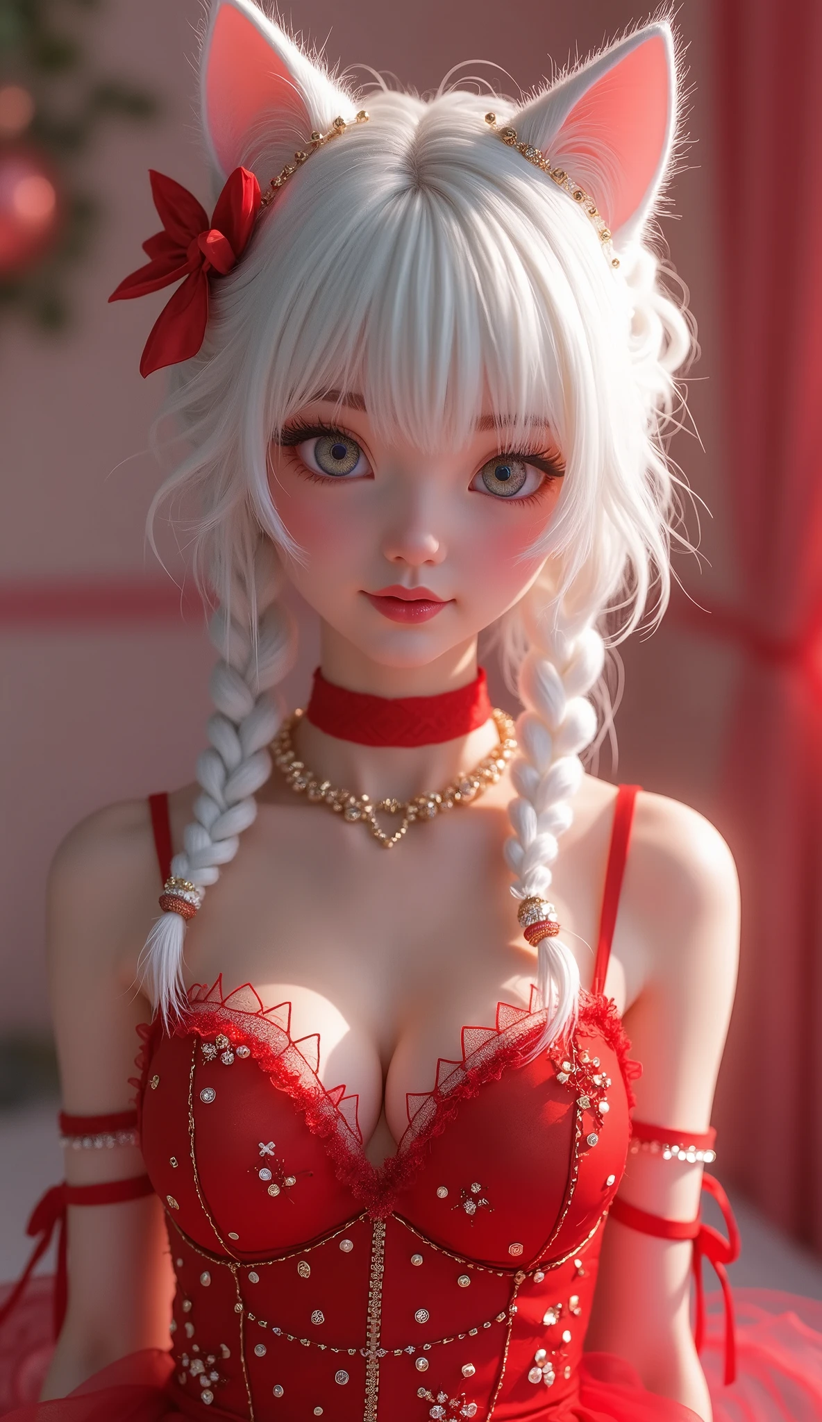(masterpiece, Best Quality), intricate details, realist, photorealist, Full Body Portrait, Instagram Photo of a woman wearing aretes, Mary R., inspired by Emma Andijewska, wrapped in crystals,(masterpiece:1.3), (Best Quality:1.3), (Ultra-detailed:1.2), ((kawaii)), Cute, (lovely), ((sexy)), ((Extremely detailed)), 4K, (8K), Best Quality, (Beautiful), Illustration, anime style, (bold line:1.2), Gradation,(best quality, ultra-detailed, photorealistic: 1.39), bright and vibrant colors, studio lighting, (Perfect eyes:1.2), (Perfect iris:1.2), romantic kawaii expression, cute delicate smile, kawaii makeup, -yeld e-l, short red dress, platinum braided and curl white hair, cat ears, big breasts, fit, long wavy hair, mercenary, Mary R.