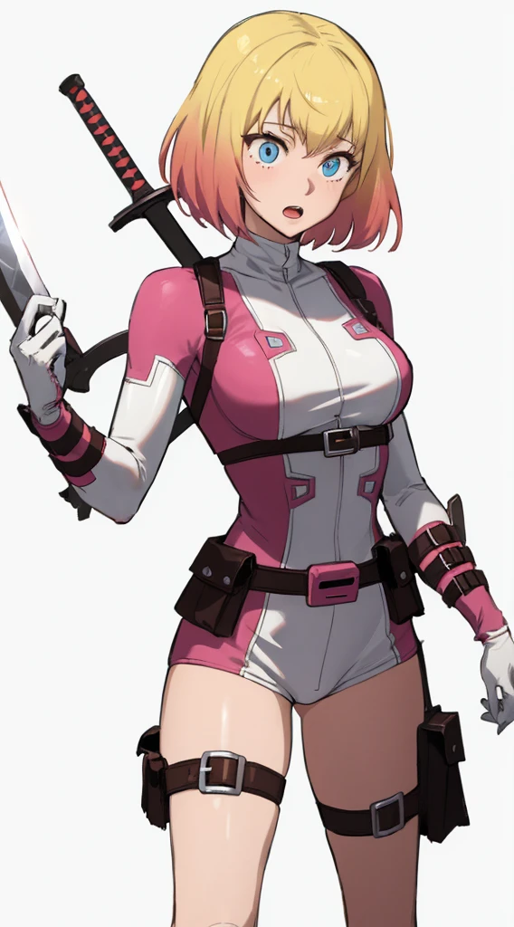 gwenpool, 1girl, weapon, blonde hair, multicolored hair, solo, blue eyes, sword, pouch, superhero, short hair, gradient hair, open mouth, belt, two-tone hair, pink hair, breasts, gloves, belt pouch