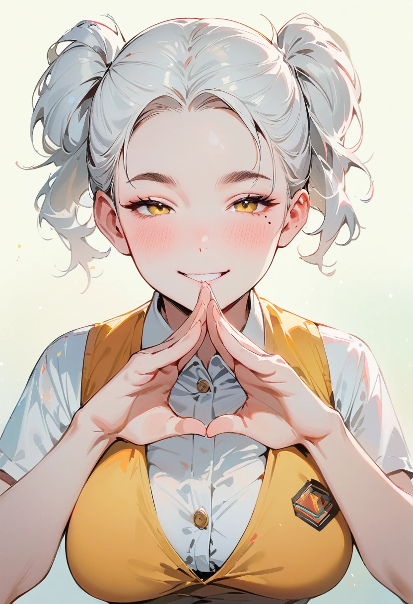 (masterpiece, best quality:1.4), 1 girl, 独奏, Black and white filter, Desaturate, Star pupil, Blurred eyes, Close your left eye, Smile, Look up and down, Fox gesture, Right tear mole, (Double ponytail hairstyle:1.2), large breasts, , Vest, Black and white gradient background.