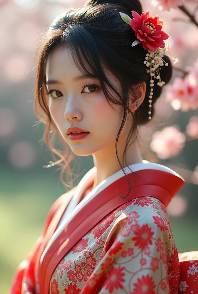 An elegantly dressed Japanese woman in natural light、A close-up of her chest and calm expression.、I'm cosplaying as Gundam.。