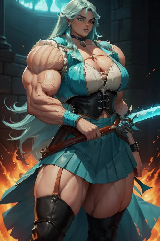 ((Close-up)), tall, (cyan hair) beautiful muscular woman, long beachy hair, pale white skinned, large breast, closed smile, (black lipstick), (massive muscles), (hyper muscle), ((ginormous bulky muscles)) orange eyes, (((cyan leather vest))), (((long pleated skirt))), ((carrying a cyan fire sword)), choker, boots, in a mystical school, 