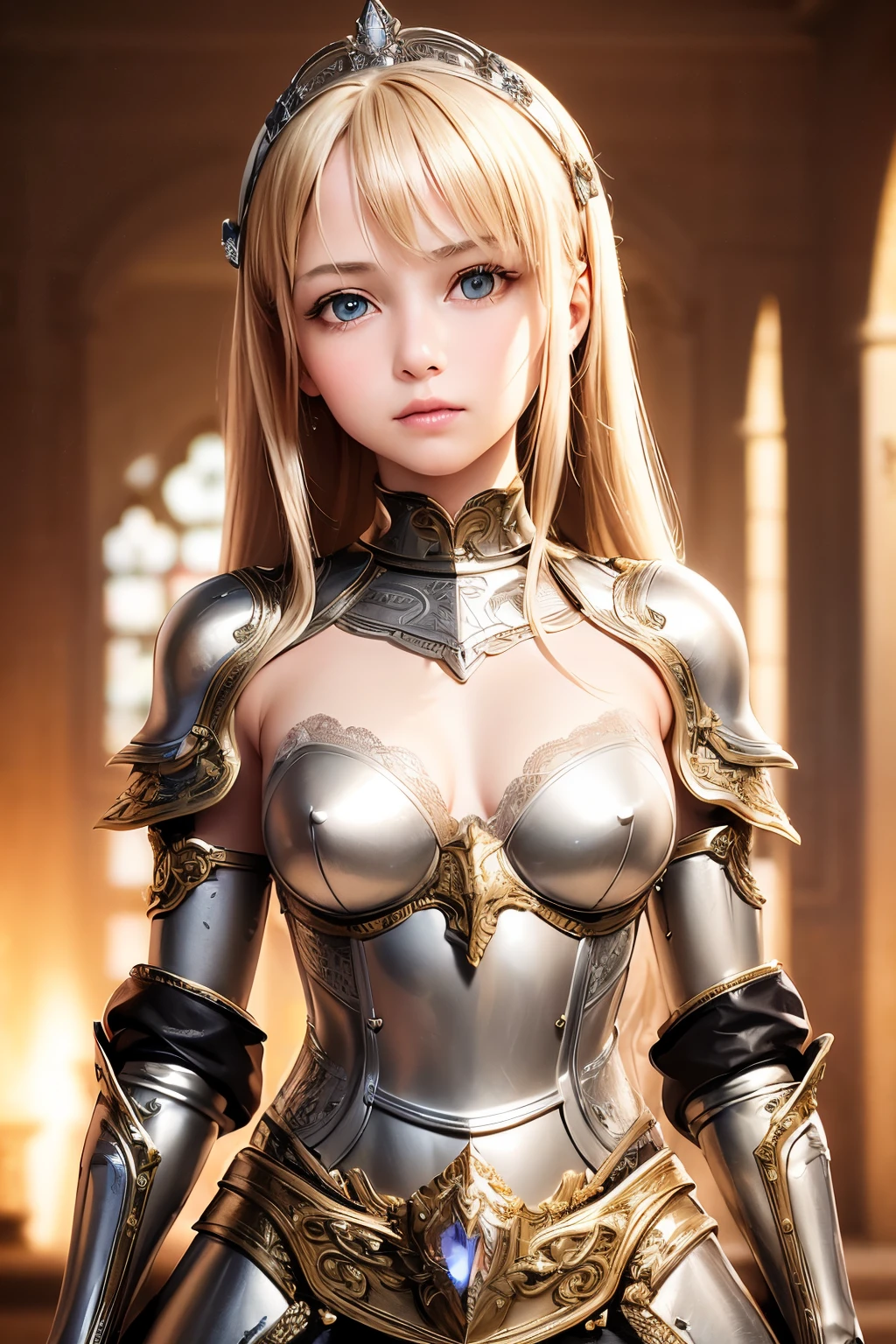 masterpiece,Highest quality,Very detailed,Photorealistic,Pretty Girl Rider,Beautiful blonde,Silver metallic armor with intricate decorations,gem,Soft lighting, girl,Perfect Face,Beautiful and detailed eyes,Big bright eyes,Beautiful Skin,skinny,Small breasts,Dynamic,Dynamic Angles,Outside the massive stone fortress