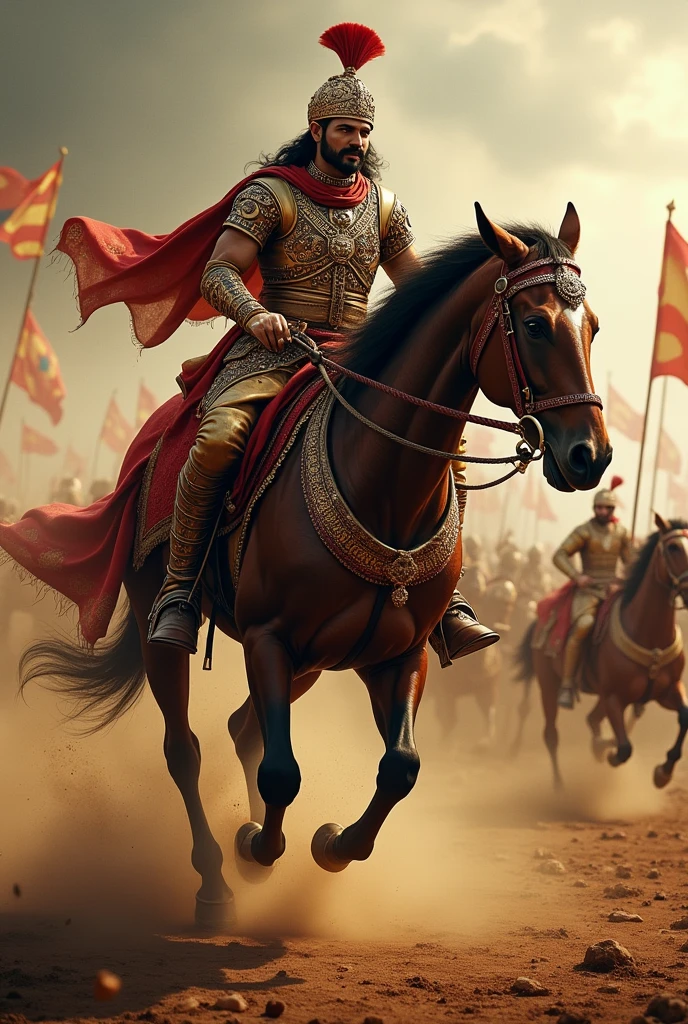 Create an image where maharana Pratap is riding on his brave horse chetak during war