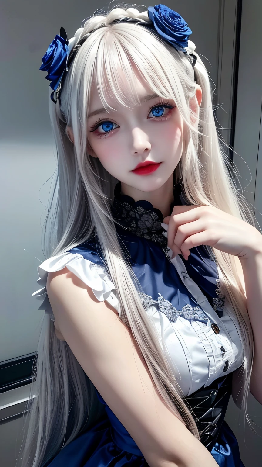 4K quality:1.2,1girl,sense of deps,disorganized,catch light,Super beautiful illustration,((White,long hairstyles:1.3)),dark dark eyeshadow,(((4k,super beautiful,In detail,blue eyes))),bright red lipstick,gothic lolita,;D,beautiful and delicate hair