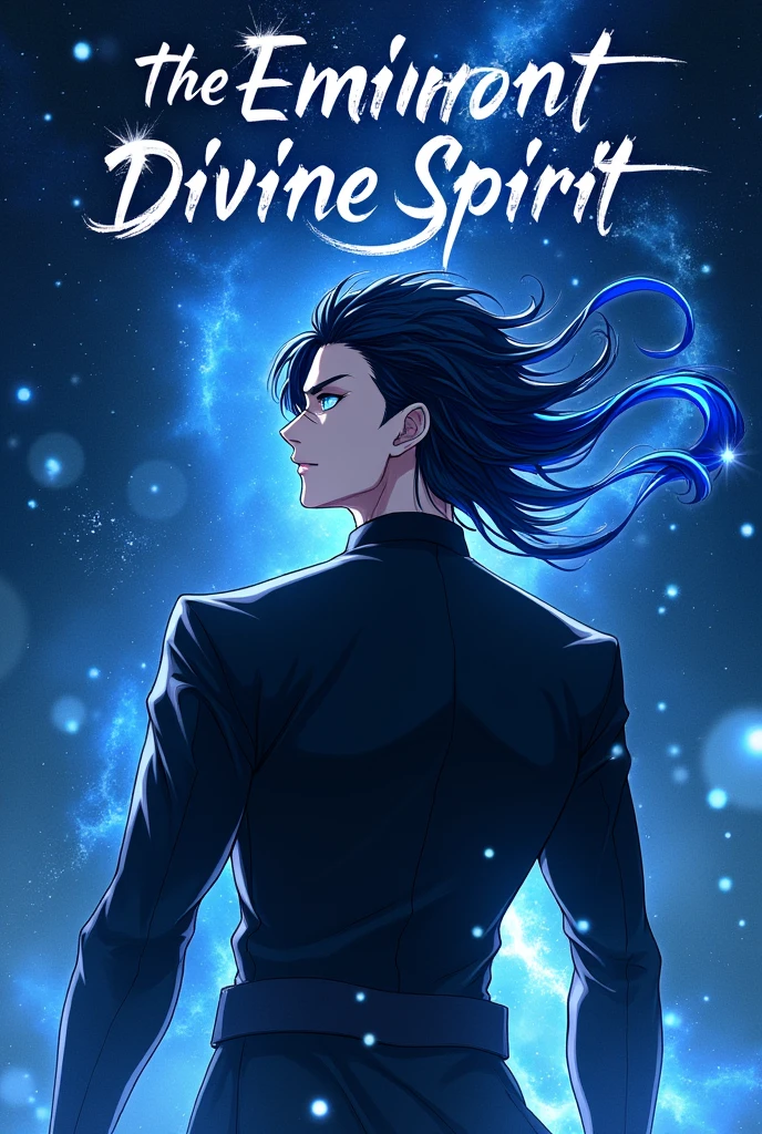 Please generate a Novel cover for me, with a MALE human character warrior style with black hair and a COBALT BLUE streak at the end of the hair and cobalt blue eyes, with a blue aura emanating from his body, wearing black clothes in Japanese ANIME style, with a starry sky and the novel's name written on the image (The Eminent Divine Spirit). REMEMBER TO PUT THE NAME OF THE NOVEL.