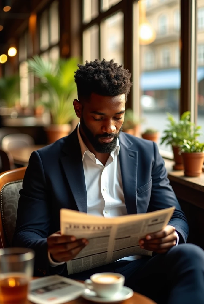 A handsome black-skinned man reading a newspaper 