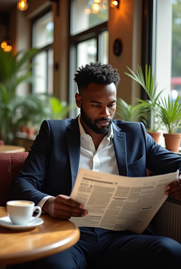 A handsome black-skinned man reading a newspaper 