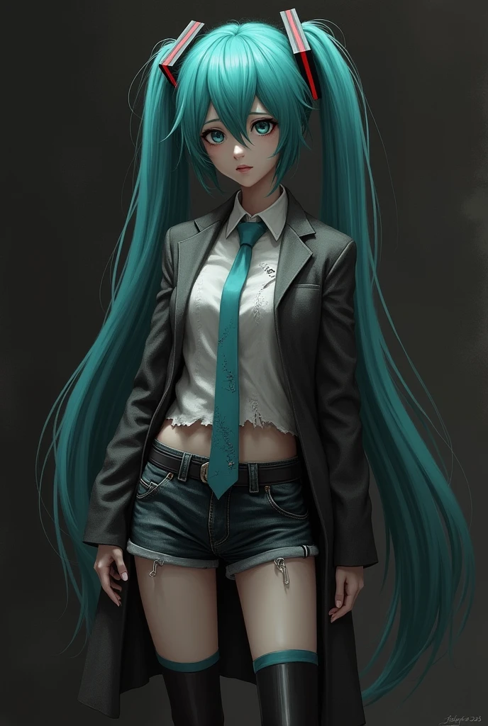 A disheveled Hatsune Miku with long hair.
Her hands are hidden by an outer garment that reaches her waist.
She is wearing a short tie.
Her pants are short, revealing her thighs.
Her expression is sad.
The image is in black and white.