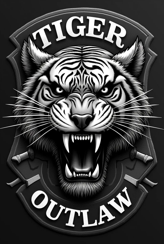 logomark,saber-toothed tiger skull、outlaw、symbol、Biker Patch、black and white、vintage style、(t-shirt design)、Masterpiece realistic volumetric light,emblem