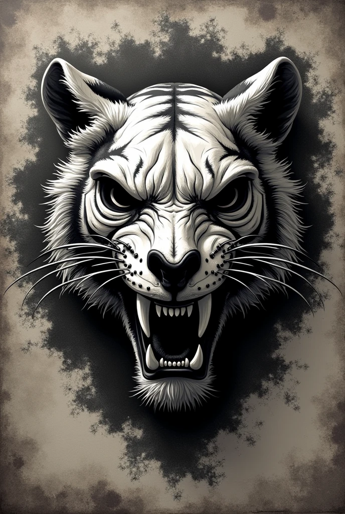 logomark,saber-toothed tiger skull、outlaw、symbol、Biker Patch、black and white、vintage style、(t-shirt design)、Masterpiece realistic volumetric light,emblem