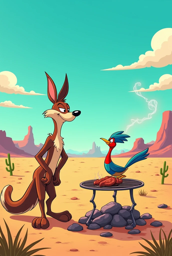 The coyote finally caught the roadrunner and is eating it for barbecue near a rock in the desert where they used to run. The end.
