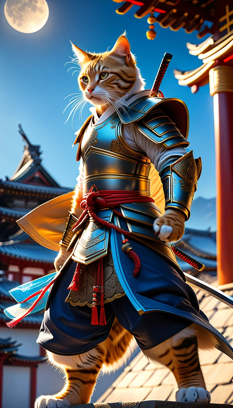 Anthropomorphic Cat in full samurai armour, photorealistic, standing in front of a temple, in the moonlight, view from below looking up