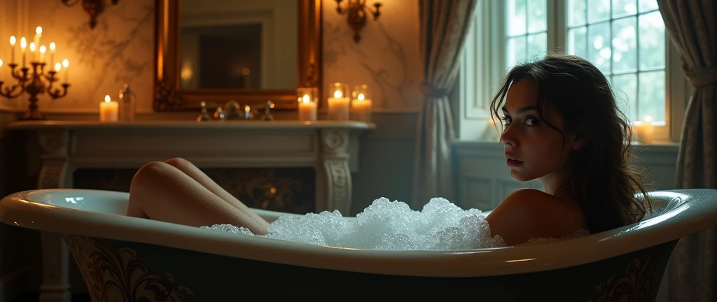 Fair skin hot girl on bathtub wearing nothing and a boy watching her through the window and she try to seduce him
