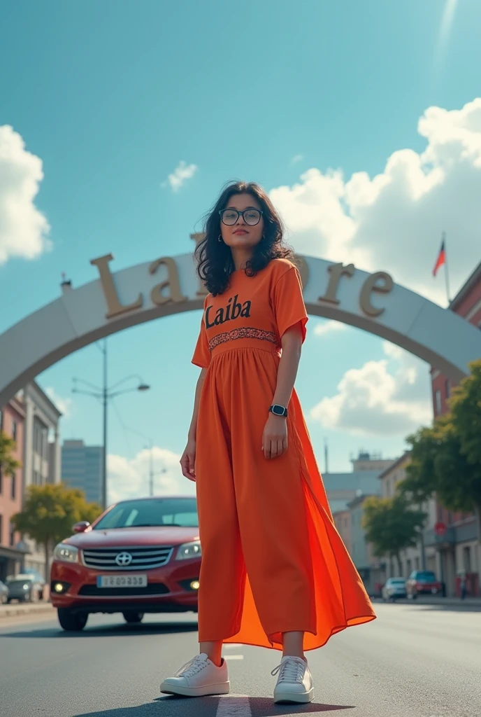 A real22years old girl, Wearing  frock and white trozar_ sneakers and the name “ laiba is written on frock black glasses her eyes hand the Girl is standing on the road with holding a national car  of and behind him is the Lahore And written on sky “ Create Realistic image high quality..