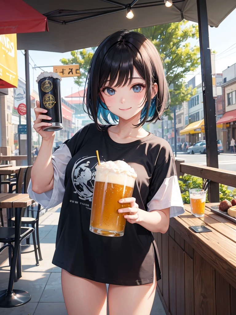 High resolution,Perfect Anatomy,Accurate anatomy,1 person ,Trending Hair,Trending Hair color,Trendy T-shirt
Sunshine bright, refreshing summer open-air cafe, Cheerfully holding a frosty mug of draft beer in both hands. she is smiling brightly, Her face shining with happiness. The girl has short black hair, Properly styled, and、Stylish light-up accessories, etc.、A casual outfit with a touch of futuristic elements. The atmosphere around her is warm, Vibrant, and満ち溢れる喜び.