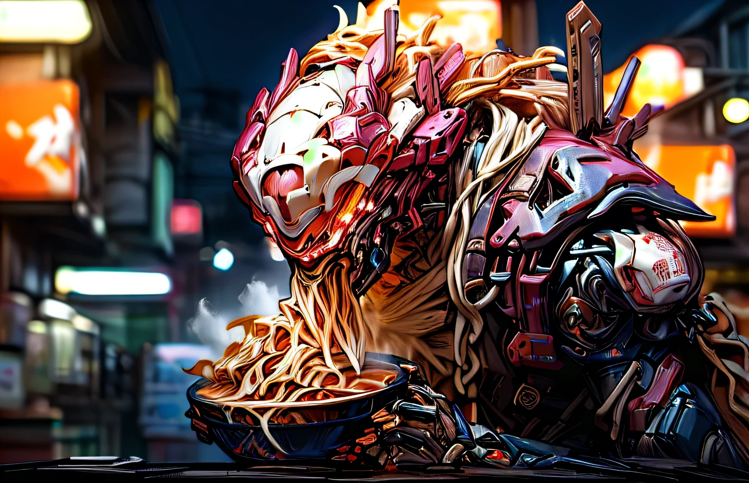 High resolution, high quality, 超High resolution, Illustration effect for posters and magazines,  (Robot eating ramen), stall, night