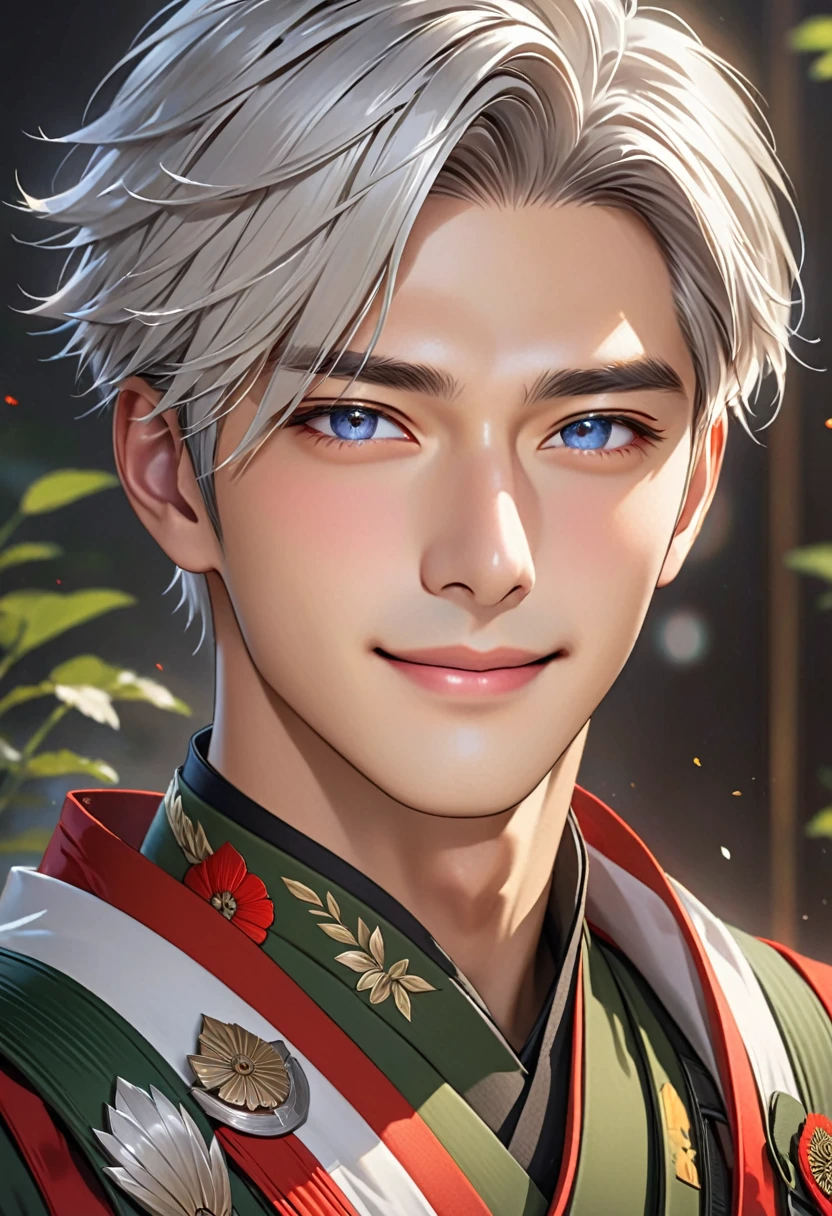man, 1 person, Subject Focus, Eyes are clear and delicate, Perfect facial proportions, perfect face, perfect beauty, incredibly handsome man, Short hair, Silver hair, broad shoulders, fuze, soft smile, 교황청 fuze, 화려한 fuze 의상, fantasy, 로맨스 fantasy
