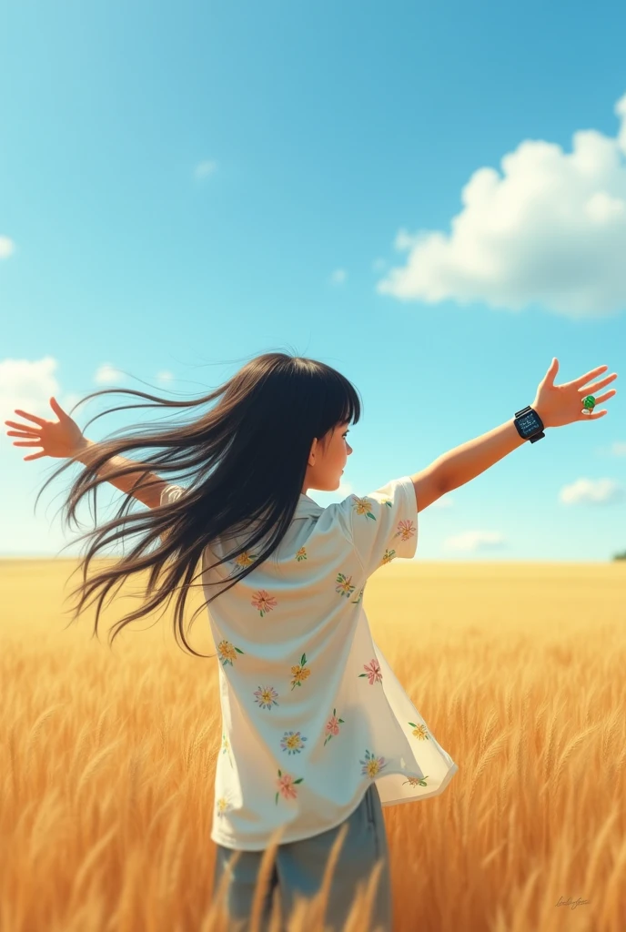 (Photorealism:1.2) A slim 14 year old girl in wheat field wearing collar shirt printed a combination of yellow pink and green small flowers on it , wearing a black digital watch in her left hand ,her long dead straight silky black hairs upto her waist . turned back enjoying beautiful relaxing weather with wide open arms and relaxing in beautiful weather .left hand showing black digital wrist watch and right wearing one emerald ring and wrist have beautiful pearl bands
