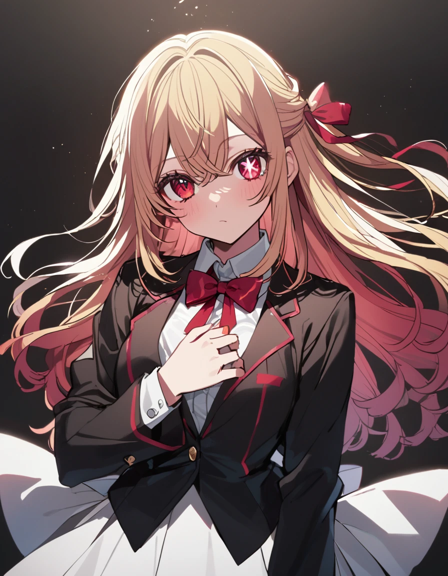 1 girl(Oshinoko, Ruby Hoshino, blonde side tail, middle hair, red eyes, star shaped pupils in right eye, black blazer, white shirt, red ribbon on chest, black blouse, white skirt)