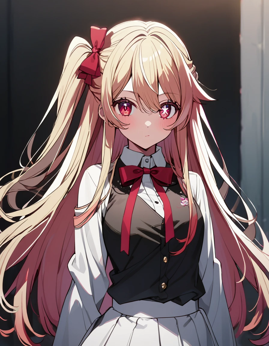 1 girl(Oshinoko, Ruby Hoshino, blonde side tail, middle hair, red eyes, star shaped pupils in right eye, black blazer, white shirt, red ribbon on chest, black blouse, white skirt)