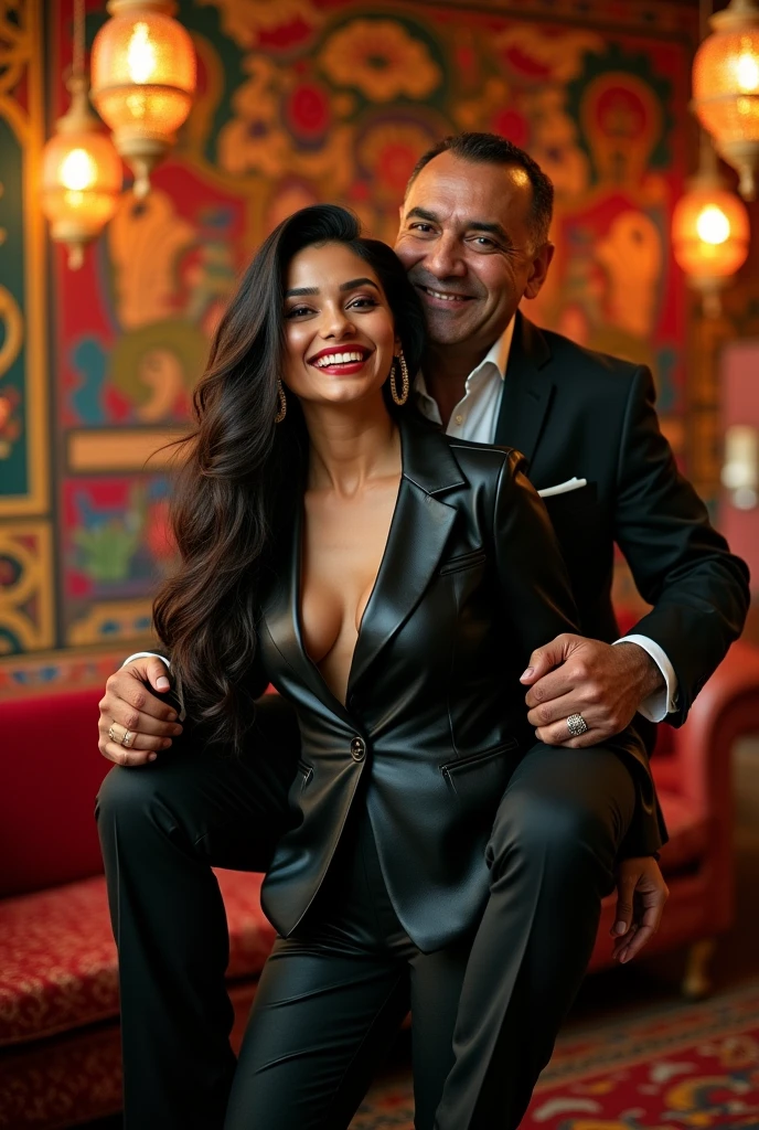 Create a realistic photograph of a smiling and beautiful indian woman in black leather suit carrying a tshirt wearing large stout man on her shoulder , in a exotic room, man is sitting on top of her shoulder, man on top, woman standing at bottom