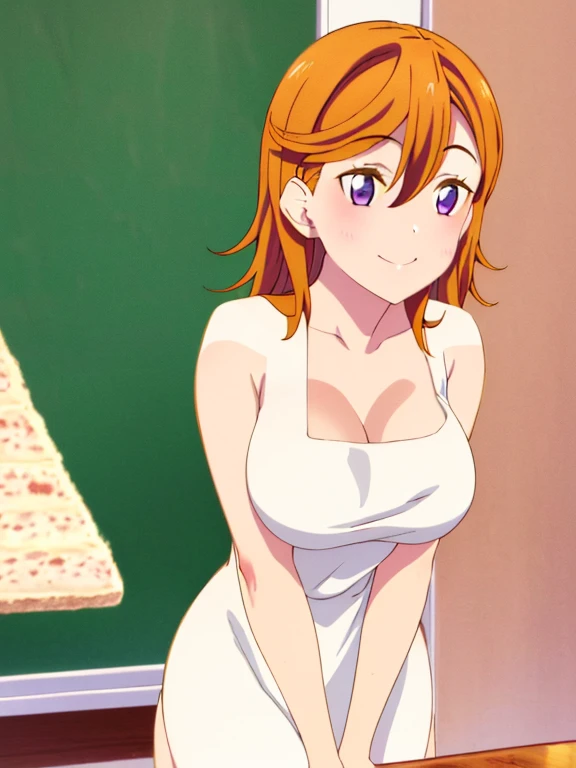 One girl, alone, , (naked:1.3), (White apron), big breasts, Cleavage, Thighs, Cafe Background, (Blushing:1.2), smile