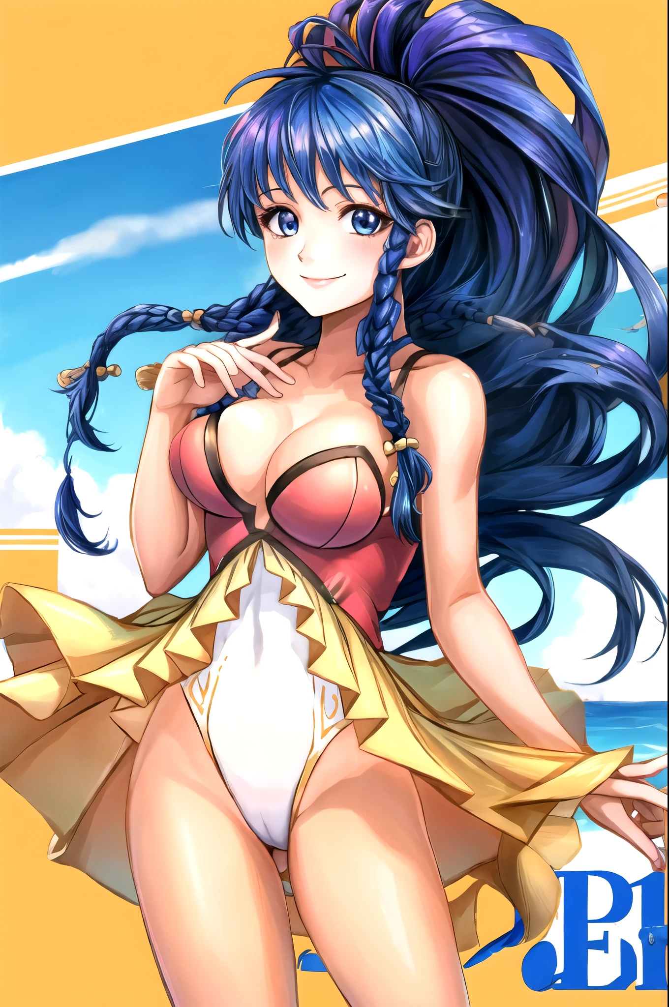 tana_fe_swimsuit, 1girl, cowboy shot, smile, medium breasts, one-piece swimsuit, thighs, twin braids