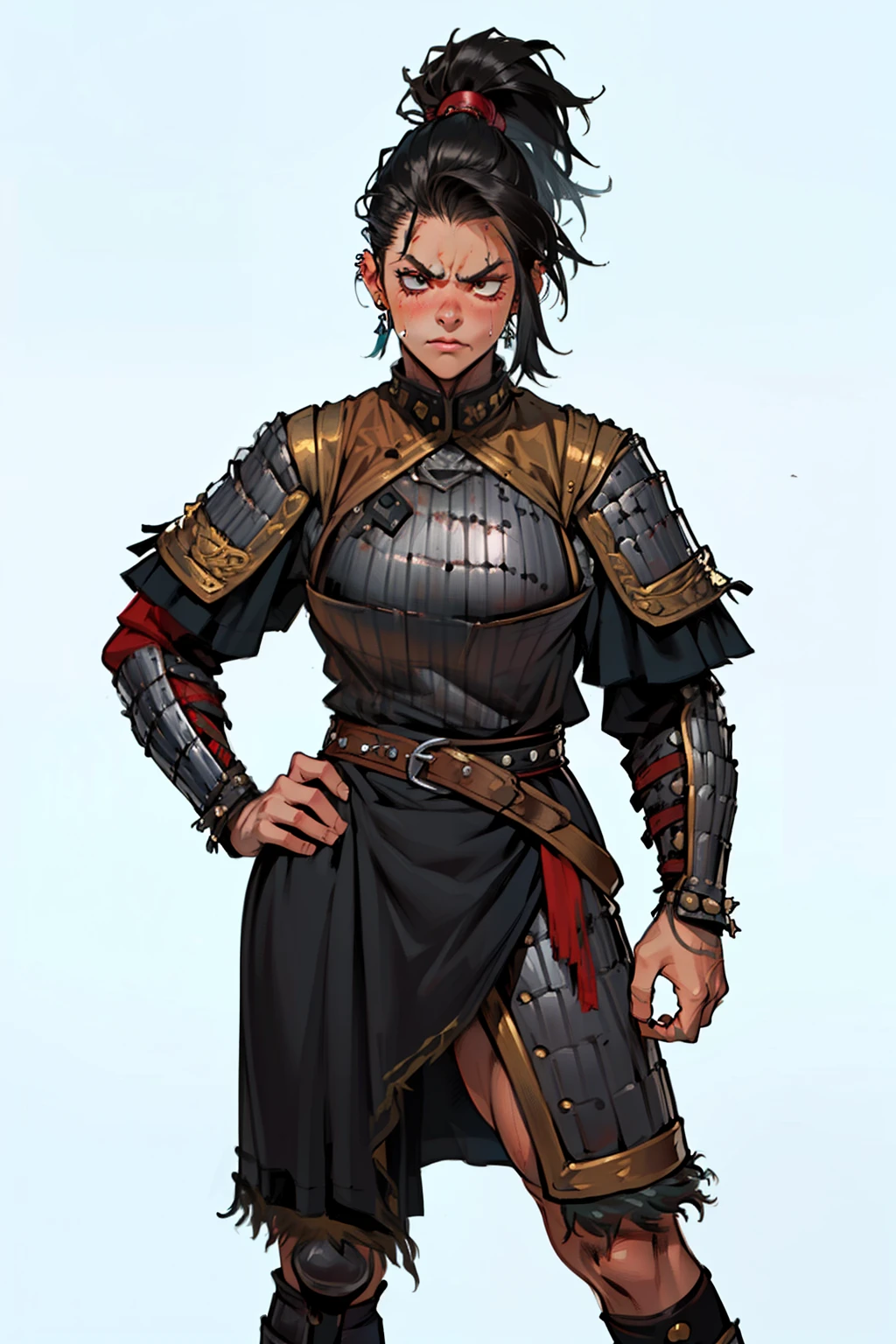 (high resolution, pixel perfect, gorgeous illustrations), (hyper quality, muste piece, etheric: 1.4), ((nsfw)), (((cowboy shot))), face focus, ((solo)), (((Androgynous, boyish))), (((Monkey_girl))), (((((punk))))), hot Rocker punk girl, ((((hand on hip, open stance)))), cool atmosphere, black hair, ((((very_short_hair, slicked_back_hair)))), ((((piercing)))), eyelid_piercing, nose_piercing, (((Exquisite face, aroused))), blush, tattoo, ((((muscular_female)))), (ideal ratio body proportions, slender, small breasts), fighter, ((((very hairy)))), (((naked armor))), sweat, shiny skin, gleaming skin, simple background,