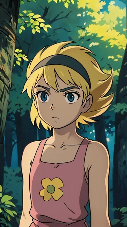 (Teens:1girl: mandy), (extremely detailed CG unit 8k wallpaper),(master part), (best quality), (ultra detail), (best illustration),(GHIBLI_Background), cowboy shot, (Sharp eyeliner, ombre, detailed eyes:1), forest, outdoor, ,break , (StudioGhibliStyleHMC)), upper body, blonde hair, pink dress, short hair, black eyes, black headband, sharp hair,