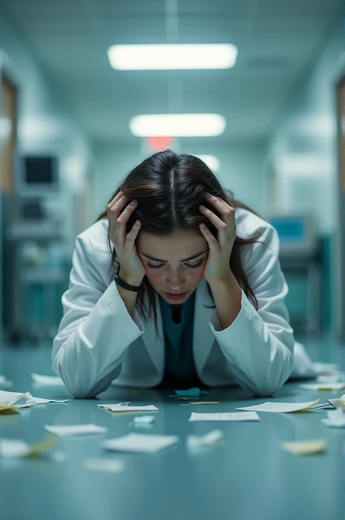 Women doctor screaming on the floor with stress