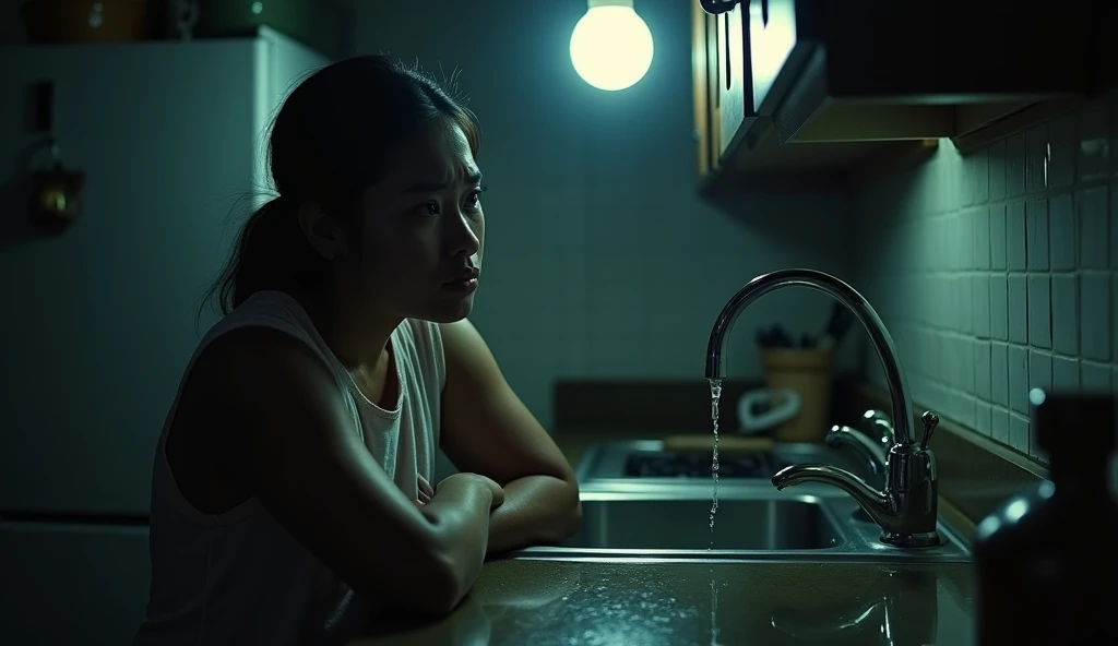 Character: Sunaina, 30 years old, looks exhausted and frustrated, wearing simple nightwear. His husband stands near her with a puzzled expression.
Background: A dimly lit kitchen with a flickering bulb above. The tap at the sink is mysteriously running water on its own. The surroundings are slightly blurry, emphasizing the supernatural disturbance. The atmosphere should feel eerie, with shadows playing on the walls and the sink area slightly wet and glistening.