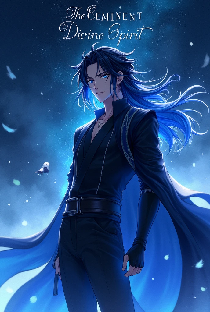 Please generate a Novel cover for me, with a MALE human character warrior style with black hair and a COBALT BLUE streak at the end of the hair and cobalt blue eyes, with a blue aura emanating from his body, wearing black clothes in Japanese ANIME style, with a starry sky and the novel's name written on the image (The Eminent Divine Spirit). REMEMBER TO PUT THE NAME OF THE NOVEL.