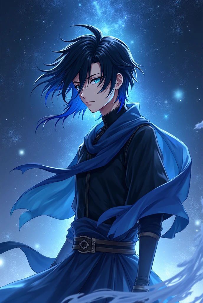 Please generate a Novel cover for me, with a MALE human character warrior style with black hair and a COBALT BLUE streak at the end of the hair and cobalt blue eyes, with a blue aura emanating from his body, wearing black clothes in Japanese ANIME style, with a starry sky and the novel's name written on the image (The Eminent Divine Spirit). REMEMBER TO PUT THE NAME OF THE NOVEL.