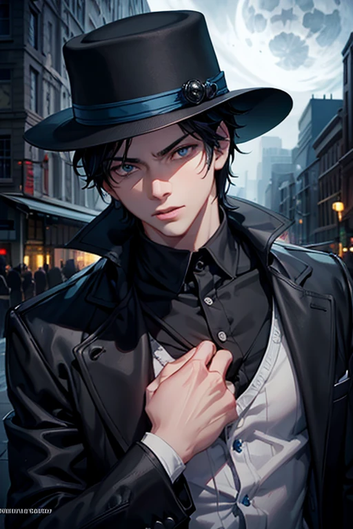 1 boy, black hair, intimidating blue eyes, porkpie hat, night city background, realistic moonlight, cinematic lighting, dramatic atmosphere, intricate details, portrait, ultra-detailed, 8k , masterpiece, concept art, side lighting