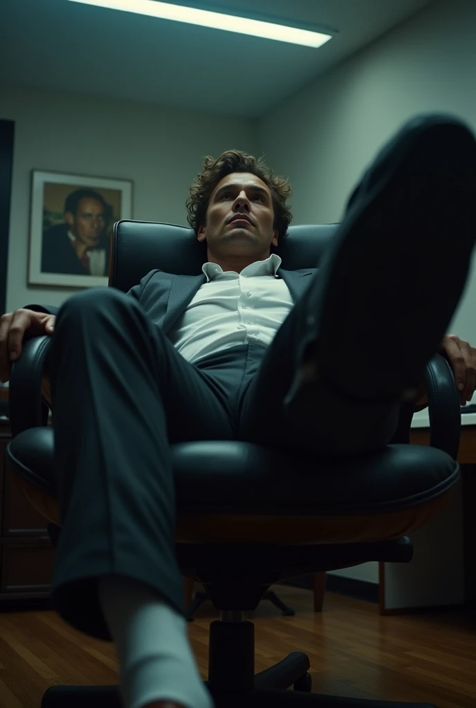 A man in a suit and leather shoes sits in an office chair,messy hair, a bit curly, Feet up,style of anime, malefocus,the feet,tiese,large pecs,Big bag,Wear white basketball socks,Half recumbent,CG sense,POV perspective,spread their legs,Dark atmosphere,8K,Cinematic lighting effects,Textured skin,best qualtiy,Storytelling images,Storytelling images,dynamic blur,actionpose,Elevation viewing angle,formal,Toes,Business suit,A sole,office room,sitted,short detailed hair