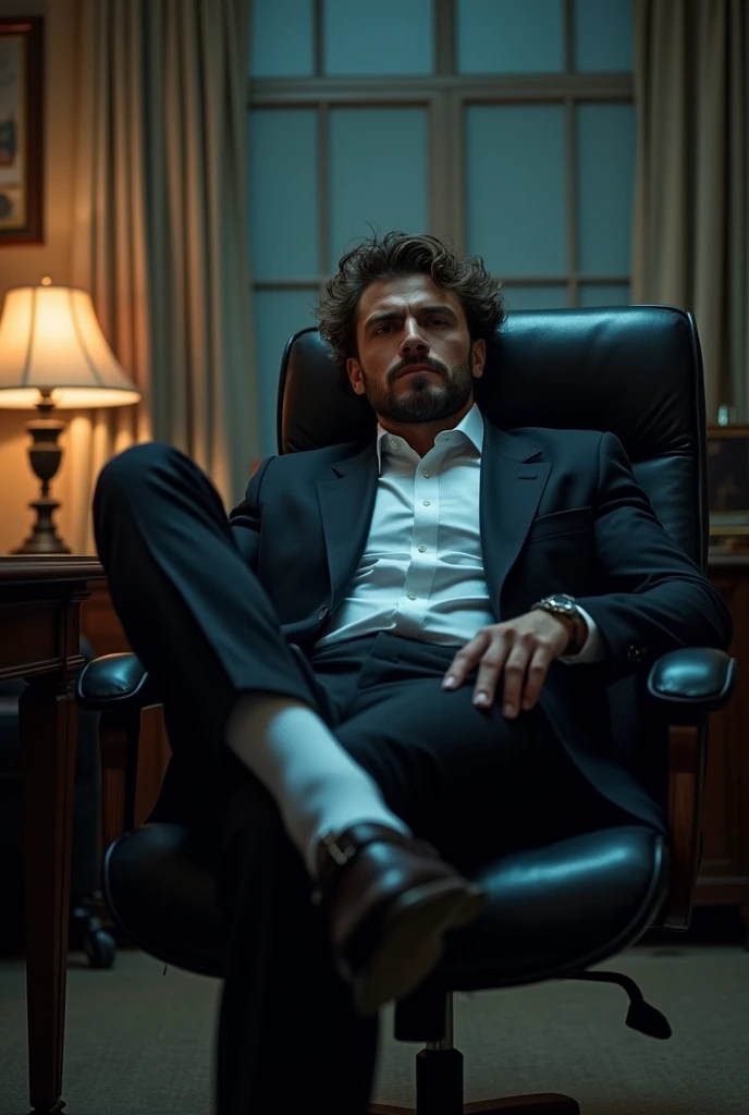 A man in a suit and leather shoes sits in an office chair,messy hair, a bit curly, Feet up,style of anime, malefocus,the feet,tiese,large pecs,Big bag,Wear white basketball socks,Half recumbent,CG sense,POV perspective,spread their legs,Dark atmosphere,8K,Cinematic lighting effects,Textured skin,best qualtiy,Storytelling images,Storytelling images,dynamic blur,actionpose,Elevation viewing angle,formal,Toes,Business suit,A sole,office room,sitted,short detailed hair