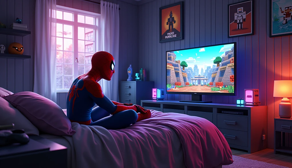 Spider-Man, in his 2022 film style with a sleek, high-tech suit, is sitting in his futuristic bedroom, intensely focused on playing Minecraft on a PS5. The room is dimly lit with neon lights, and the walls are adorned with superhero action posters and tech gadgets. The TV screen displays a Minecraft world, where Spider-Man is building and battling mobs, blending creativity with action. His expression is serious, almost as if he’s preparing for a real mission. The atmosphere combines the relaxed, blocky aesthetic of Minecraft with the high-energy, action-packed vibe of Spider-Man’s world, creating a unique fusion of adventure and gaming
