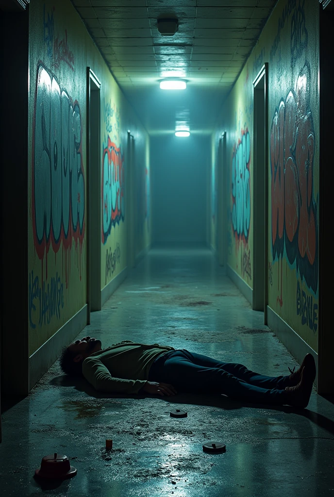 4k, ultra realistic, realistic, hallway, body of man, crime scene, with a colorful backgroud
