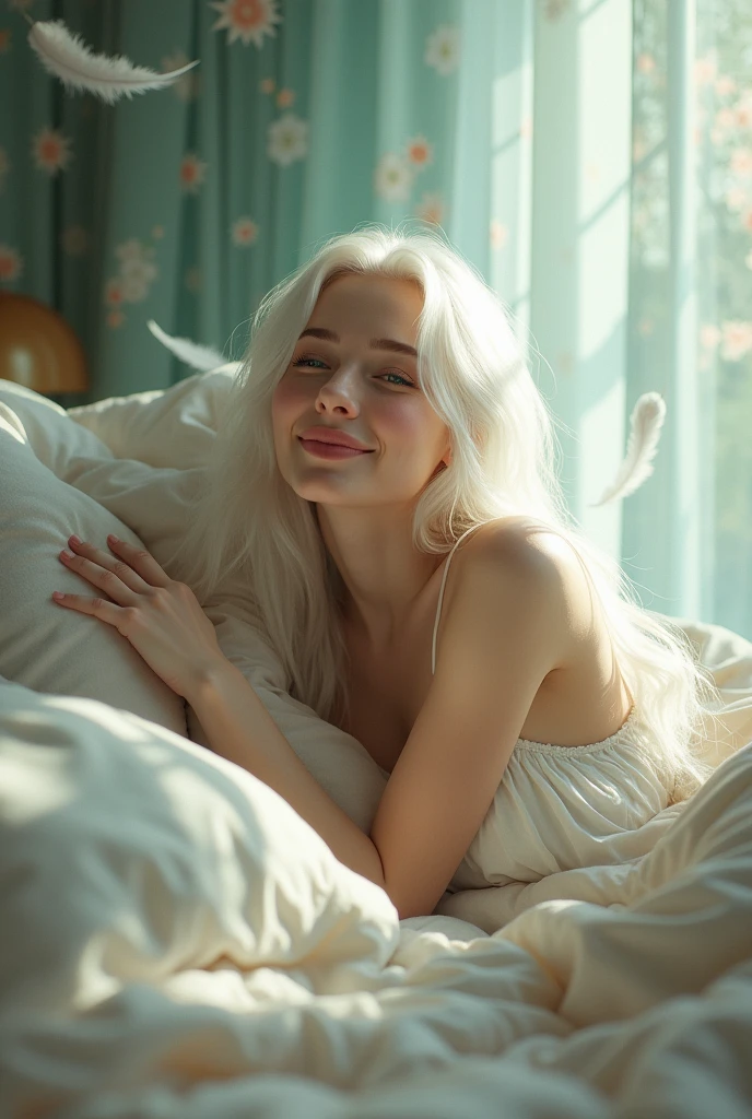 A woman with fair skin，with long, straight, white hair，A pair of turquoise eyes，Waking up，One eye open，laughing and leaning against the pillow，style similar to the mysterious messenger。 