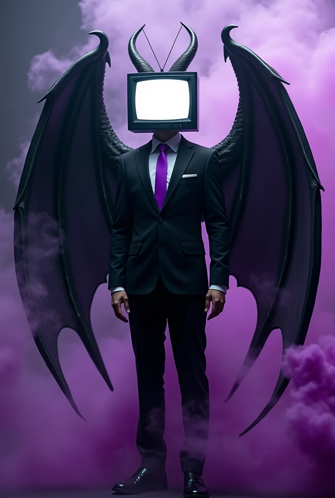 A man with tv head, blank screen and Ying yang colored sea dragon ears, 1 horn and 1 antena. Using a black suit and purple tie. Black and white colored dragon wings and purple tail, fierce. purple smokes effect around him