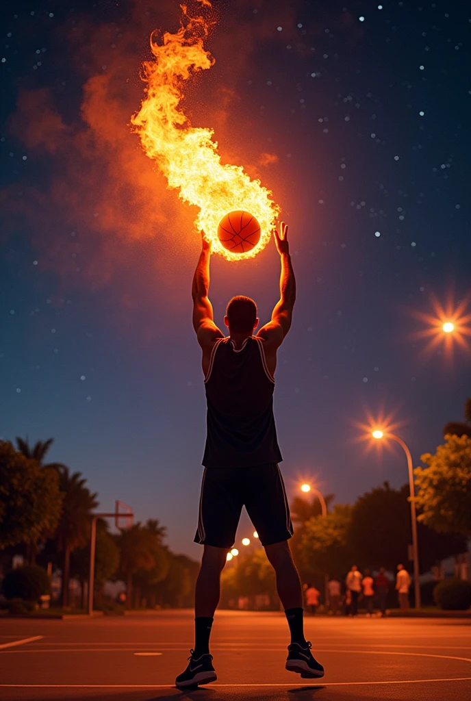Flaming basketball on a night