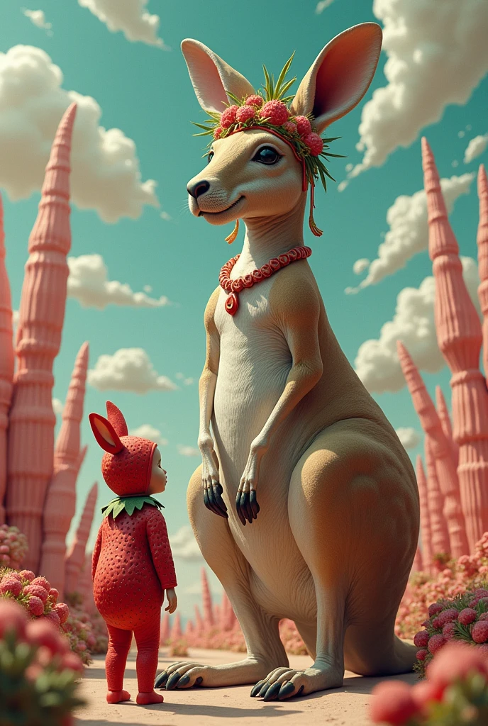 Giant kangaroo queen devours her young human friend, for wearing a strawberry costume. not Disney Pixar style.