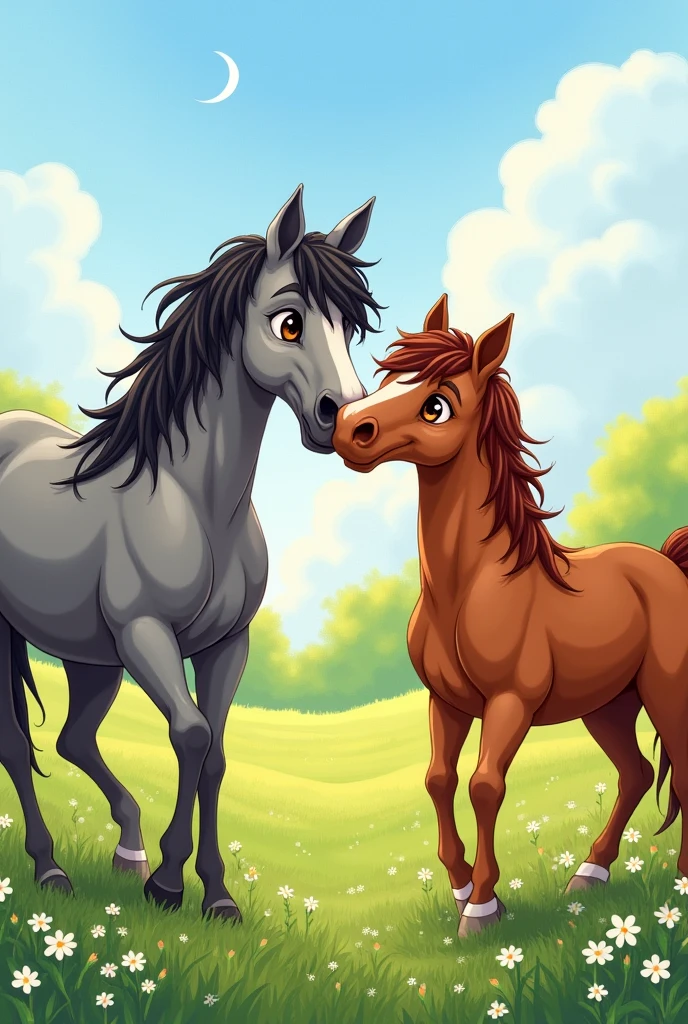 Illustration of 2 horses (a gray with brown eyes and a chestnut) who are scratching each other