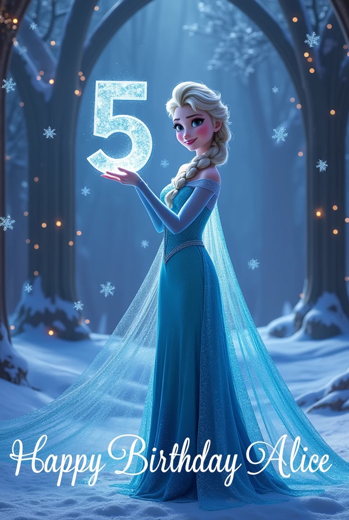Princess Elsa from Frozen holding the number 5 in ice blue color with the words 'Happy Birthday Alice' at the bottom in a birthday context.