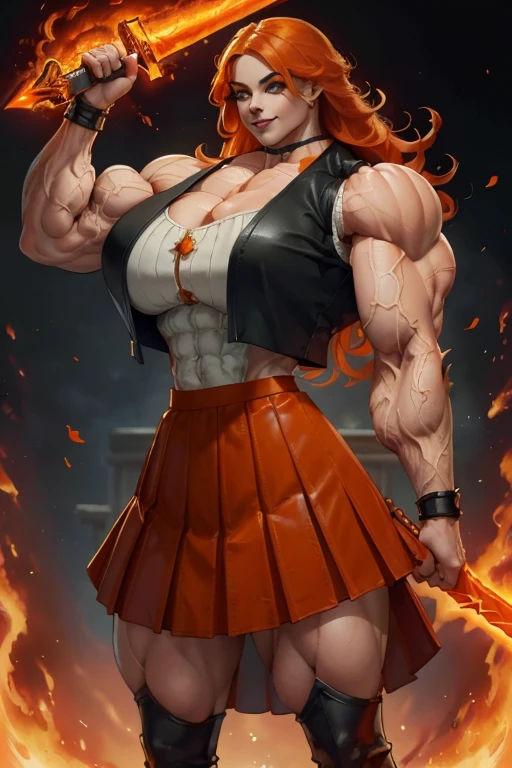 ((Close-up)), tall, (orange hair) beautiful muscular woman, long shaggy hair, pale white skinned, large breast, closed smile, (black lipstick), (massive muscles), (hyper muscle), ((ginormous bulky muscles)) green eyes, (((orange leather vest))), (((long pleated skirt))), ((carrying a orange fire sword)), choker, boots, in a mystical school,