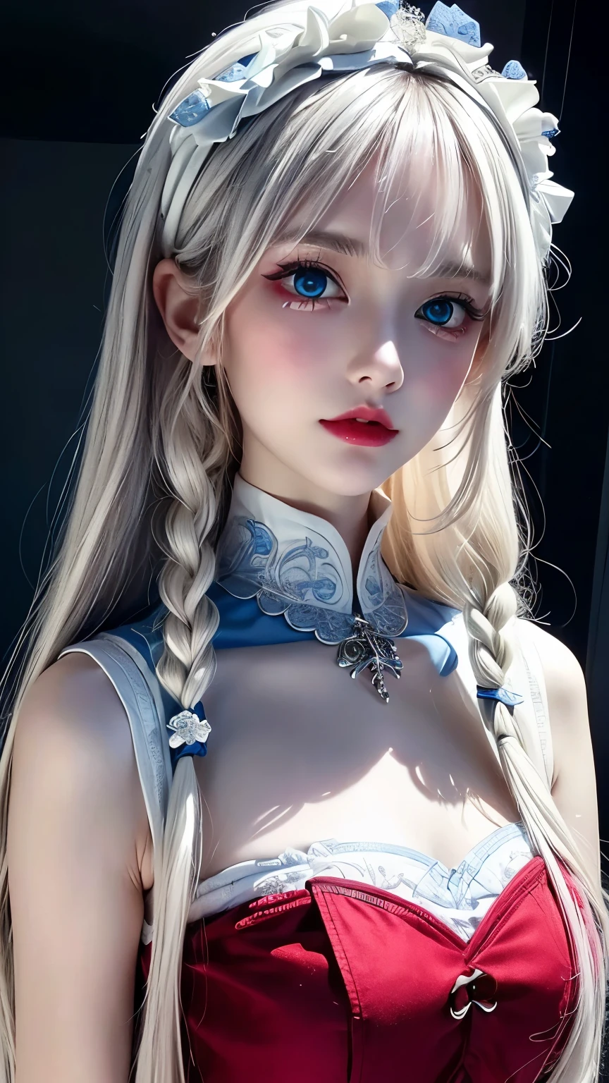 4K quality:1.2,1girl,sense of deps,disorganized,catch light,Super beautiful illustration,((White,long hairstyles:1.3)),dark dark eyeshadow,(((4k,super beautiful,In detail,blue eyes))),bright red lipstick,gothic lolita,;D,beautiful and delicate hair