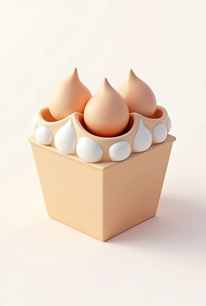 Create a 3D icon of multiple cupcakes in a cute box on a white background. The cupcakes should have a smooth, rounded, and slightly exaggerated appearance, with glossy frosting and soft-looking bases. The box should be designed in a minimalistic, cute style, with rounded edges and a simple, appealing look that matches the style of the cupcakes. The overall design should be cohesive and resemble the polished, modern look of the s'more in the reference image