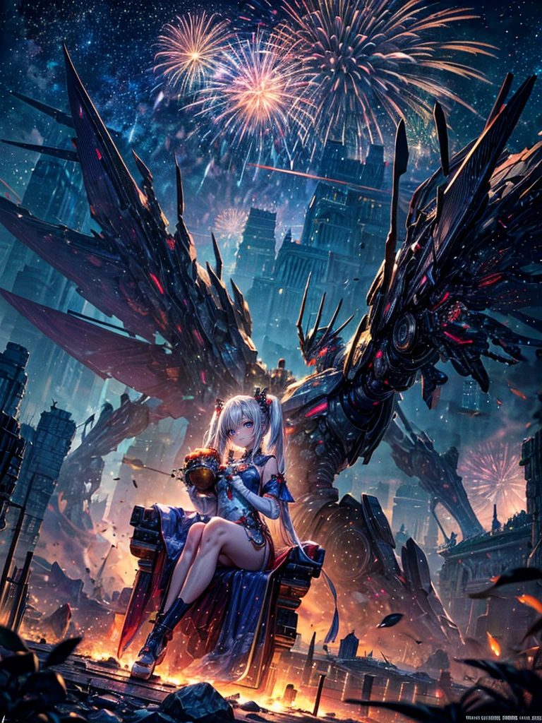 High resolution, Winner of numerous awards, Ultra high definition, Textured skin, Retina, 
masterpiece,(bestquality),highlydetailed,ultra-detailed,1girl, （A composition where a girl is sitting on the shoulder of a giant robot or in the palm of a giant robot’s hand.:1.4）（robot）(fantasylandscape:1.2,natural lighting:1.5,confidentexpression),(panorama:1.2),mecha, smile,angle、chrome,raw（A beautiful girl with black twintails and a Chinese dress.:1.5）Fireworks go off🎇、（Fireworks lighting）(Starry Sky)(A gorgeous white Chinese dress:1.2)